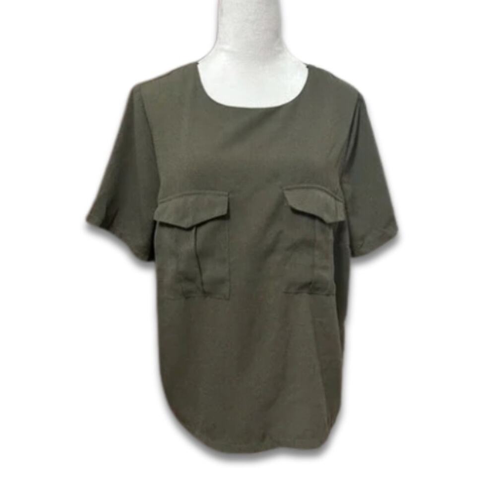 Forever 21 Top Scoop Neckline Short Sleeve Front Pocket Zip Closure Green 1X